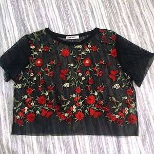 Crop Sheer Shirt with knitted roses